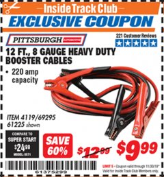 Harbor Freight ITC Coupon 12 FT., 8 GAUGE HEAVY DUTY BOOSTER CABLES Lot No. 69295/61225 Expired: 11/30/19 - $9.99