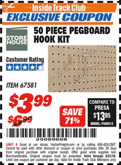 Harbor Freight ITC Coupon 50 PIECE PEGBOARD HOOK KIT Lot No. 67581 Expired: 8/31/18 - $3.99