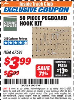 Harbor Freight ITC Coupon 50 PIECE PEGBOARD HOOK KIT Lot No. 67581 Expired: 3/31/19 - $3.99