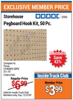 Harbor Freight ITC Coupon 50 PIECE PEGBOARD HOOK KIT Lot No. 67581 Expired: 12/3/20 - $3.99