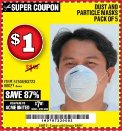 Harbor Freight Coupon DUST AND PARTICLE MASK 5 PACK Lot No. 62606/63723/50027 Expired: 6/1/19 - $1