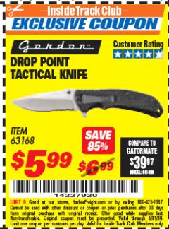 Harbor Freight ITC Coupon DROP POINT TACTICAL KNIFE Lot No. 63168 Expired: 5/31/18 - $5.99