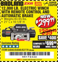Harbor Freight Coupon BADLAND ZXR12000 12000 LB. OFF-ROAD VEHICLE ELECTRIC WINCH WITH AUTOMATIC LOAD-HOLDING BRAKE Lot No. 64045/64046/63770 Expired: 12/10/18 - $299.99