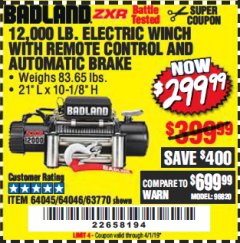 Harbor Freight Coupon BADLAND ZXR12000 12000 LB. OFF-ROAD VEHICLE ELECTRIC WINCH WITH AUTOMATIC LOAD-HOLDING BRAKE Lot No. 64045/64046/63770 Expired: 4/1/19 - $299.99