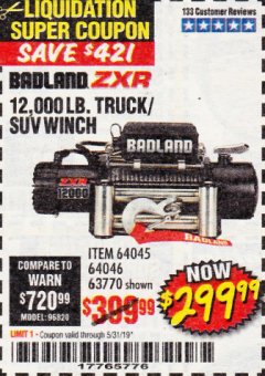 Harbor Freight Coupon BADLAND ZXR12000 12000 LB. OFF-ROAD VEHICLE ELECTRIC WINCH WITH AUTOMATIC LOAD-HOLDING BRAKE Lot No. 64045/64046/63770 Expired: 5/31/19 - $299.99