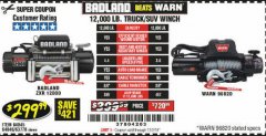 Harbor Freight Coupon BADLAND ZXR12000 12000 LB. OFF-ROAD VEHICLE ELECTRIC WINCH WITH AUTOMATIC LOAD-HOLDING BRAKE Lot No. 64045/64046/63770 Expired: 12/2/19 - $299.99