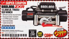 Harbor Freight Coupon BADLAND ZXR12000 12000 LB. OFF-ROAD VEHICLE ELECTRIC WINCH WITH AUTOMATIC LOAD-HOLDING BRAKE Lot No. 64045/64046/63770 Expired: 8/31/19 - $299.99