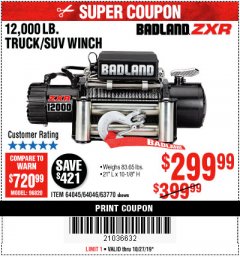 Harbor Freight Coupon BADLAND ZXR12000 12000 LB. OFF-ROAD VEHICLE ELECTRIC WINCH WITH AUTOMATIC LOAD-HOLDING BRAKE Lot No. 64045/64046/63770 Expired: 10/27/19 - $299.99