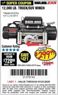 Harbor Freight Coupon BADLAND ZXR12000 12000 LB. OFF-ROAD VEHICLE ELECTRIC WINCH WITH AUTOMATIC LOAD-HOLDING BRAKE Lot No. 64045/64046/63770 Expired: 1/21/20 - $299.99