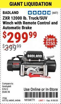 Harbor Freight Coupon BADLAND ZXR12000 12000 LB. OFF-ROAD VEHICLE ELECTRIC WINCH WITH AUTOMATIC LOAD-HOLDING BRAKE Lot No. 64045/64046/63770 Expired: 9/30/20 - $299.99