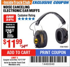 Harbor Freight ITC Coupon NOISE CANCELING ELECTRONIC EAR MUFFS Lot No. 92851 Expired: 12/17/19 - $11.99