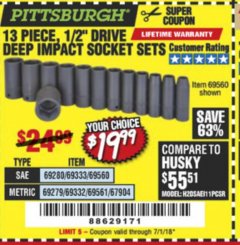 Harbor Freight Coupon 13 PIECES, 1/2" DRIVE, 12 POINT DEEP IMPACT SOCKET SETS Lot No. 61902/61903 Expired: 7/1/18 - $19.99