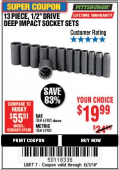 Harbor Freight Coupon 13 PIECES, 1/2" DRIVE, 12 POINT DEEP IMPACT SOCKET SETS Lot No. 61902/61903 Expired: 12/3/18 - $19.99