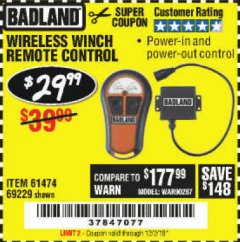 Harbor Freight Coupon WIRELESS WINCH REMOTE CONTROL Lot No. 69229/61474 Expired: 12/2/19 - $29.99