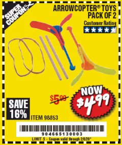 Harbor Freight Coupon ARROWCOPTER TOYS PACK OF 2 Lot No. 98853 Expired: 2/8/20 - $4.99
