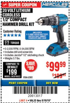 Harbor Freight Coupon HERCULES 1/2" COMPACT HAMMER DRILL/DRIVER KIT Lot No. 63382 Expired: 6/10/18 - $99.99