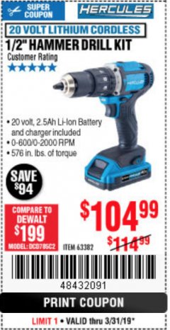 Harbor Freight Coupon HERCULES 1/2" COMPACT HAMMER DRILL/DRIVER KIT Lot No. 63382 Expired: 3/31/19 - $104.99