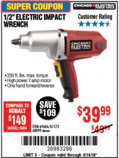 Harbor Freight Coupon 1/2" ELECTRIC IMPACT WRENCH Lot No. 31877/61173/68099/69606 Expired: 5/14/18 - $39.99