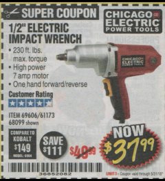 Harbor Freight Coupon 1/2" ELECTRIC IMPACT WRENCH Lot No. 31877/61173/68099/69606 Expired: 5/31/18 - $37.99