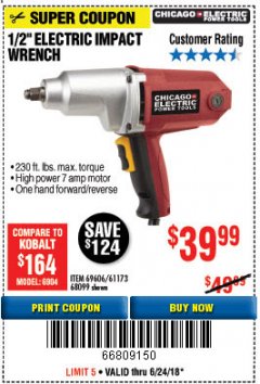 Harbor Freight Coupon 1/2" ELECTRIC IMPACT WRENCH Lot No. 31877/61173/68099/69606 Expired: 6/24/18 - $39.99
