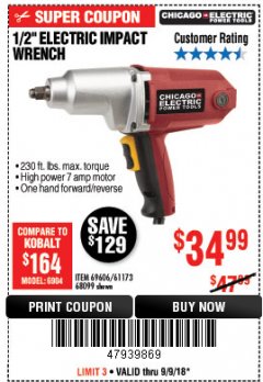 Harbor Freight Coupon 1/2" ELECTRIC IMPACT WRENCH Lot No. 31877/61173/68099/69606 Expired: 9/9/18 - $34.99