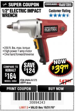 Harbor Freight Coupon 1/2" ELECTRIC IMPACT WRENCH Lot No. 31877/61173/68099/69606 Expired: 10/31/18 - $39.99