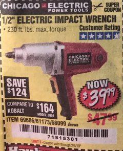 Harbor Freight Coupon 1/2" ELECTRIC IMPACT WRENCH Lot No. 31877/61173/68099/69606 Expired: 2/5/19 - $39.99