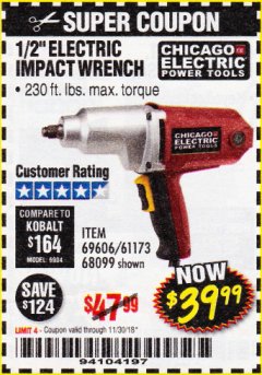 Harbor Freight Coupon 1/2" ELECTRIC IMPACT WRENCH Lot No. 31877/61173/68099/69606 Expired: 11/30/18 - $39.99