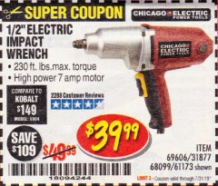 Harbor Freight Coupon 1/2" ELECTRIC IMPACT WRENCH Lot No. 31877/61173/68099/69606 Expired: 7/31/19 - $39.99
