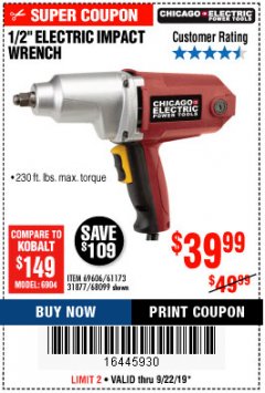 Harbor Freight Coupon 1/2" ELECTRIC IMPACT WRENCH Lot No. 31877/61173/68099/69606 Expired: 9/22/19 - $39.99