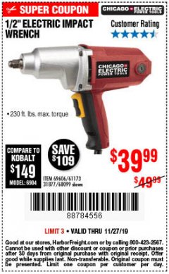 Harbor Freight Coupon 1/2" ELECTRIC IMPACT WRENCH Lot No. 31877/61173/68099/69606 Expired: 11/27/19 - $39.99