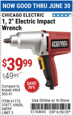 Harbor Freight Coupon 1/2" ELECTRIC IMPACT WRENCH Lot No. 31877/61173/68099/69606 Expired: 6/30/20 - $39.99