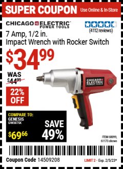 Harbor Freight Coupon 1/2" ELECTRIC IMPACT WRENCH Lot No. 31877/61173/68099/69606 Valid Thru: 2/5/23 - $34.99