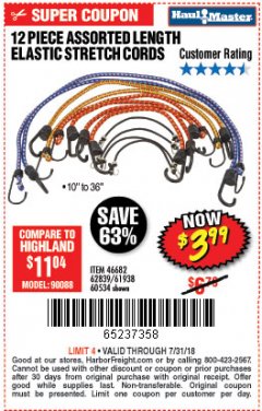 Harbor Freight Coupon 12 PIECE ASSORTED LENGTH ELASTIC STRETCH CORDS Lot No. 46682/61938/62839/56890/60534 Expired: 7/31/18 - $3.99