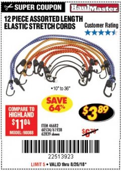 Harbor Freight Coupon 12 PIECE ASSORTED LENGTH ELASTIC STRETCH CORDS Lot No. 46682/61938/62839/56890/60534 Expired: 8/26/18 - $3.89