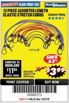 Harbor Freight Coupon 12 PIECE ASSORTED LENGTH ELASTIC STRETCH CORDS Lot No. 46682/61938/62839/56890/60534 Expired: 12/2/18 - $3.99