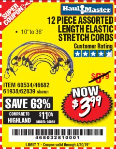 Harbor Freight Coupon 12 PIECE ASSORTED LENGTH ELASTIC STRETCH CORDS Lot No. 46682/61938/62839/56890/60534 Expired: 4/20/19 - $3.99