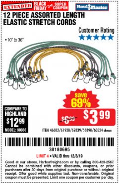 Harbor Freight Coupon 12 PIECE ASSORTED LENGTH ELASTIC STRETCH CORDS Lot No. 46682/61938/62839/56890/60534 Expired: 12/8/19 - $3.99