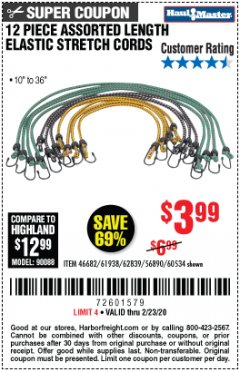 Harbor Freight Coupon 12 PIECE ASSORTED LENGTH ELASTIC STRETCH CORDS Lot No. 46682/61938/62839/56890/60534 Expired: 2/23/20 - $3.99