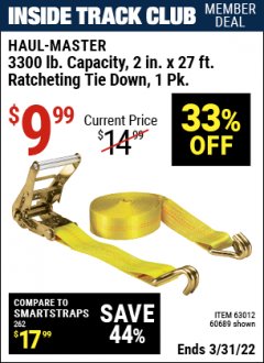 Harbor Freight ITC Coupon 2" X 27 FT. HEAVY DUTY RATCHETING TIE DOWN Lot No. 95106/62134/63012/60689 Expired: 3/21/22 - $9.99