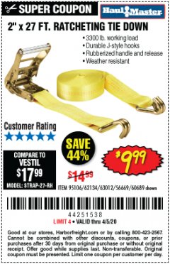 Harbor Freight Coupon 2" X 27 FT. HEAVY DUTY RATCHETING TIE DOWN Lot No. 95106/62134/63012/60689 Expired: 6/30/20 - $9.99