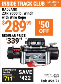 Harbor Freight ITC Coupon BADLAND ZXR9000 9000 LB WINCH Lot No. 64047/64048/64049/63769 Expired: 8/26/21 - $289.99