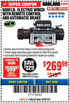 Harbor Freight Coupon BADLAND ZXR9000 9000 LB WINCH Lot No. 64047/64048/64049/63769 Expired: 6/24/18 - $269.99