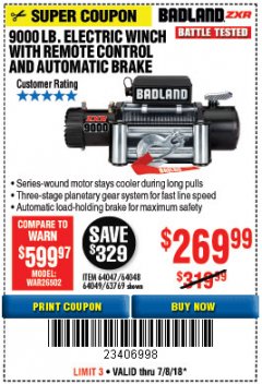 Harbor Freight Coupon BADLAND ZXR9000 9000 LB WINCH Lot No. 64047/64048/64049/63769 Expired: 7/8/18 - $269.99