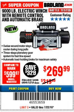 Harbor Freight Coupon BADLAND ZXR9000 9000 LB WINCH Lot No. 64047/64048/64049/63769 Expired: 7/22/18 - $269.99