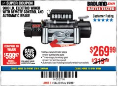 Harbor Freight Coupon BADLAND ZXR9000 9000 LB WINCH Lot No. 64047/64048/64049/63769 Expired: 9/2/18 - $269.99
