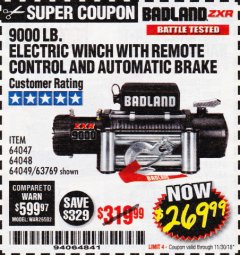 Harbor Freight Coupon BADLAND ZXR9000 9000 LB WINCH Lot No. 64047/64048/64049/63769 Expired: 11/30/18 - $269.99