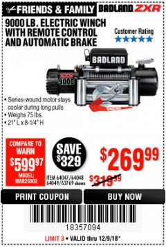 Harbor Freight Coupon BADLAND ZXR9000 9000 LB WINCH Lot No. 64047/64048/64049/63769 Expired: 12/9/18 - $269.99