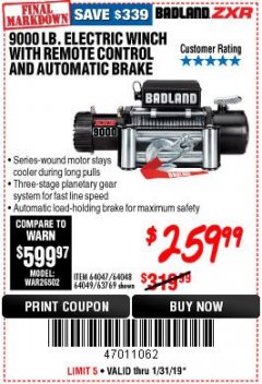 Harbor Freight Coupon BADLAND ZXR9000 9000 LB WINCH Lot No. 64047/64048/64049/63769 Expired: 1/31/19 - $259.99