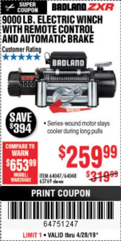 Harbor Freight Coupon BADLAND ZXR9000 9000 LB WINCH Lot No. 64047/64048/64049/63769 Expired: 4/28/19 - $259.99